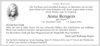 Traueranzeige von Anna Rengers von Neue Osnabrücker Zeitung