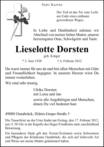 Traueranzeige von Lieselotte Dorsten von Neue Osnabrücker Zeitung