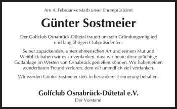 Traueranzeige von Günter Sostmeier von Neue Osnabrücker Zeitung