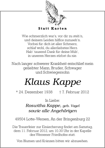 Traueranzeige von Klaus Kappe von Neue Osnabrücker Zeitung