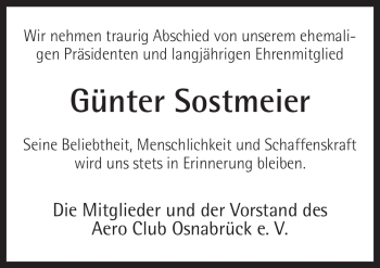 Traueranzeige von Günter Sostmeier von Neue Osnabrücker Zeitung