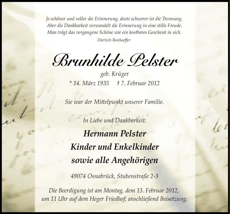  Traueranzeige für Brunhilde Pelster vom 09.02.2012 aus Neue Osnabrücker Zeitung