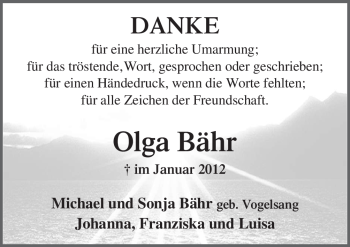 Traueranzeige von Olga Bähr von Neue Osnabrücker Zeitung