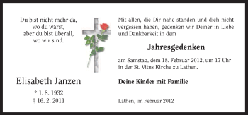 Traueranzeige von Elisabeth Janzen von Neue Osnabrücker Zeitung