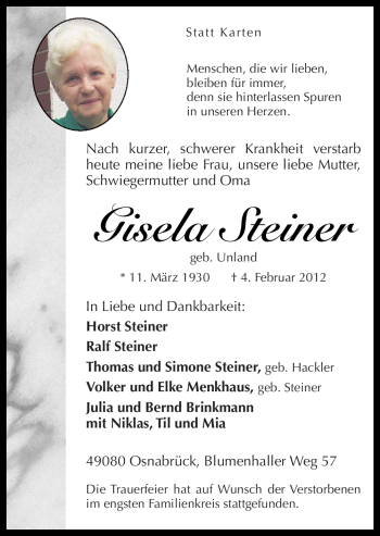 Traueranzeige von Gisela Steiner von Neue Osnabrücker Zeitung