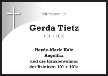 Traueranzeige von Gerda Tietz von Neue Osnabrücker Zeitung