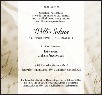 Traueranzeige von Willi Sohns von Neue Osnabrücker Zeitung
