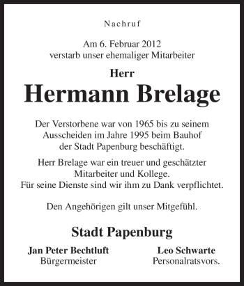 Traueranzeige von Hermann Brelage von Neue Osnabrücker Zeitung