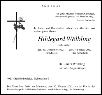 Traueranzeige von Hildegard Wölbling von Neue Osnabrücker Zeitung