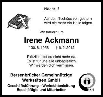 Traueranzeige von Irene Ackmann von Neue Osnabrücker Zeitung