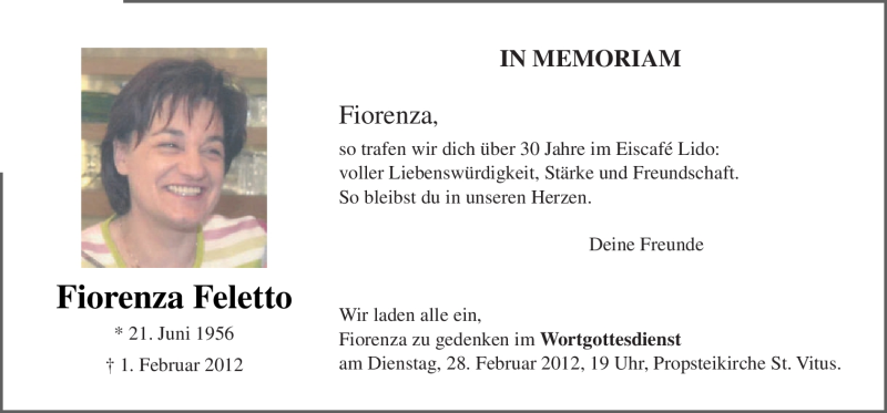  Traueranzeige für Fiorenza Feletto vom 11.02.2012 aus Neue Osnabrücker Zeitung