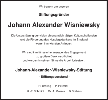 Traueranzeige von Johann Alexander Wisniewsky von Neue Osnabrücker Zeitung