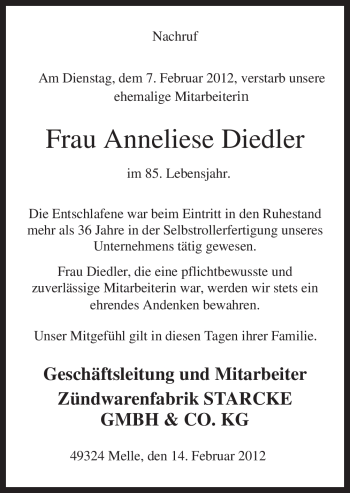 Traueranzeige von Anneliese Diedler von Neue Osnabrücker Zeitung