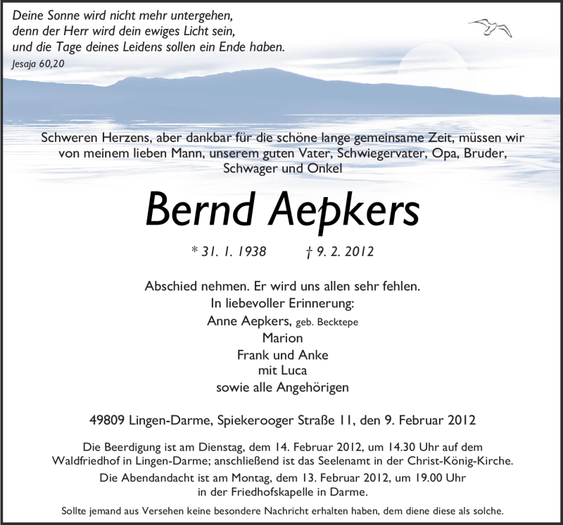  Traueranzeige für Bernd Aepkers vom 11.02.2012 aus Neue Osnabrücker Zeitung