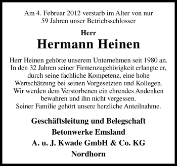 Traueranzeige von Hermann Heinen von Neue Osnabrücker Zeitung