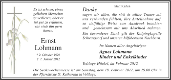 Traueranzeige von Ernst Lohmann von Neue Osnabrücker Zeitung