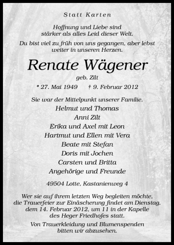 Traueranzeige von Renate Wägener von Neue Osnabrücker Zeitung