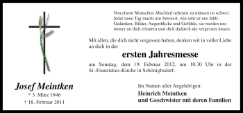 Traueranzeige von Josef Meintken von Neue Osnabrücker Zeitung