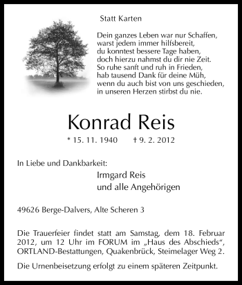 Traueranzeige von Konrad Reis von Neue Osnabrücker Zeitung