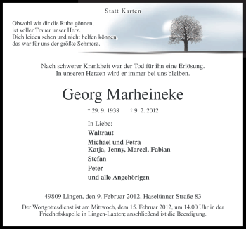 Traueranzeige von Georg Marheineke von Neue Osnabrücker Zeitung