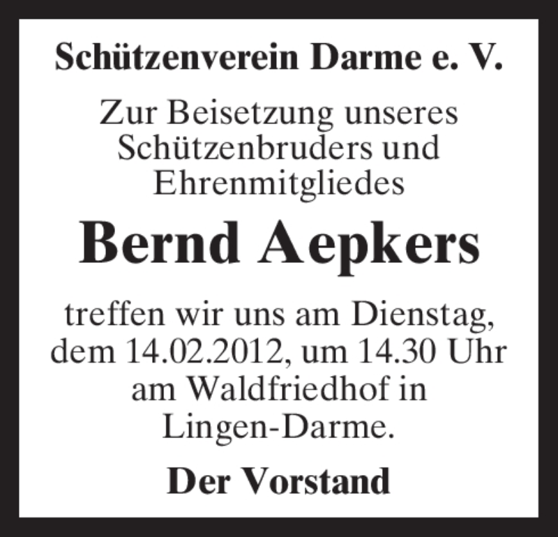  Traueranzeige für Bernd Aepkers vom 13.02.2012 aus Neue Osnabrücker Zeitung