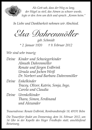 Traueranzeige von Elsa Dahrenmöller von Neue Osnabrücker Zeitung