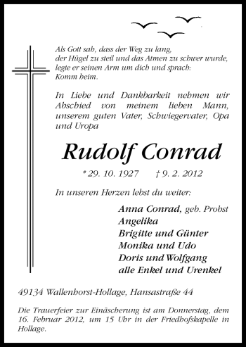 Traueranzeige von Rudolf Conrad von Neue Osnabrücker Zeitung