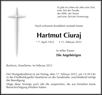 Traueranzeige von Hartmut Ciuraj von Neue Osnabrücker Zeitung