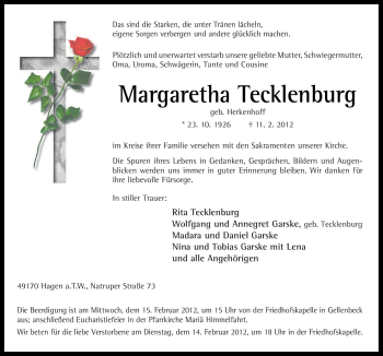 Traueranzeige von Margaretha Tecklenburg von Neue Osnabrücker Zeitung