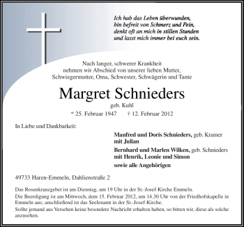 Traueranzeige von Margret Schnieders von Neue Osnabrücker Zeitung