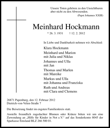 Traueranzeige von Meinhard Hockmann von Neue Osnabrücker Zeitung