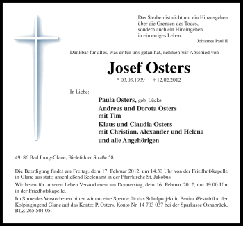 Traueranzeige von Josef Osters von Neue Osnabrücker Zeitung