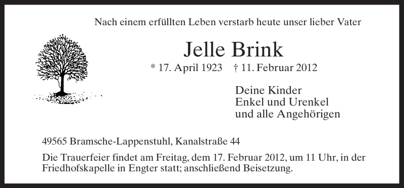  Traueranzeige für Jelle Brink vom 14.02.2012 aus Neue Osnabrücker Zeitung