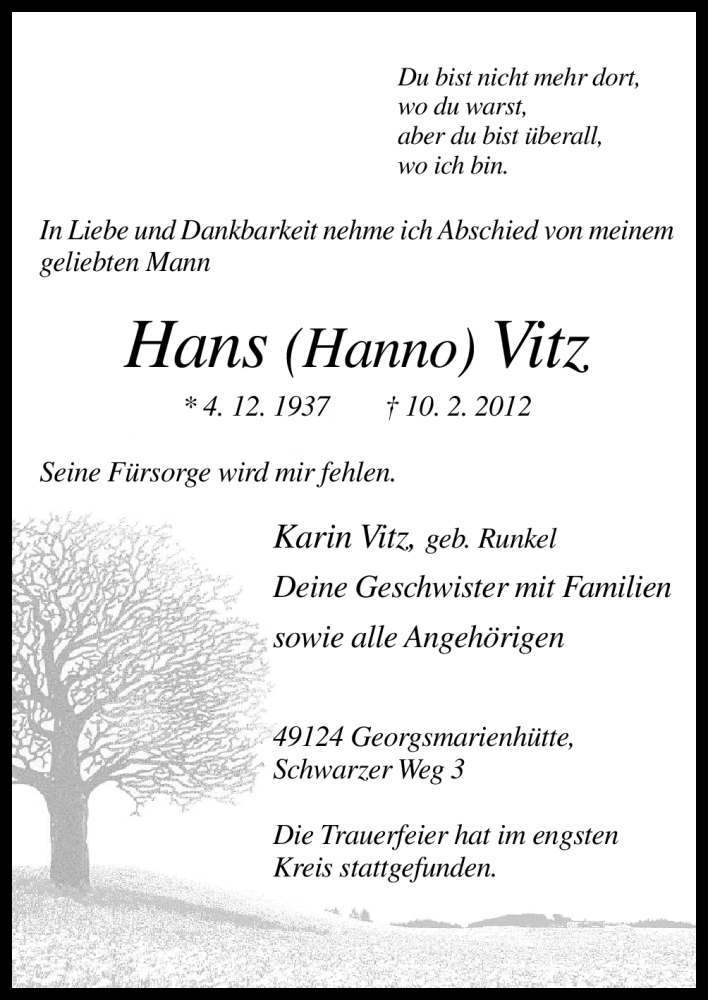  Traueranzeige für Hans Vitz vom 18.02.2012 aus Neue Osnabrücker Zeitung