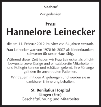 Traueranzeige von Hannelore Leinecker von Neue Osnabrücker Zeitung
