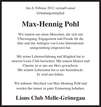 Traueranzeige von Max-Hennig Pohl von Neue Osnabrücker Zeitung
