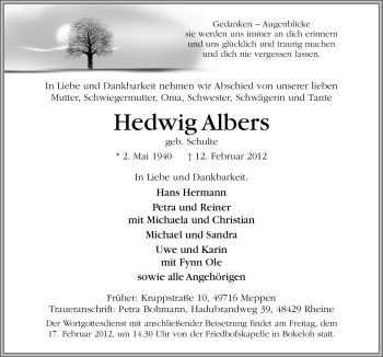 Traueranzeige von Hedwig Albers von Neue Osnabrücker Zeitung