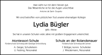 Traueranzeige von Lydia Bügler von Neue Osnabrücker Zeitung