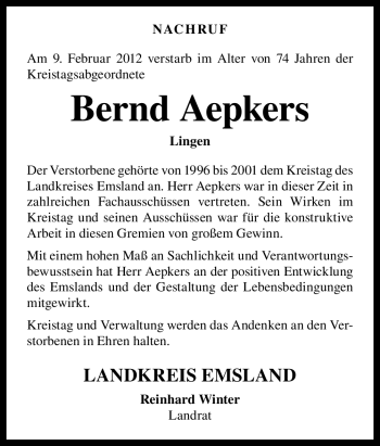 Traueranzeige von Bernd Aepkers von Neue Osnabrücker Zeitung