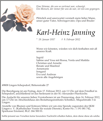 Traueranzeige von Karl-Heinz Janning von Neue Osnabrücker Zeitung