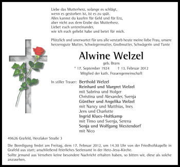 Traueranzeige von Alwine Welzel von Neue Osnabrücker Zeitung
