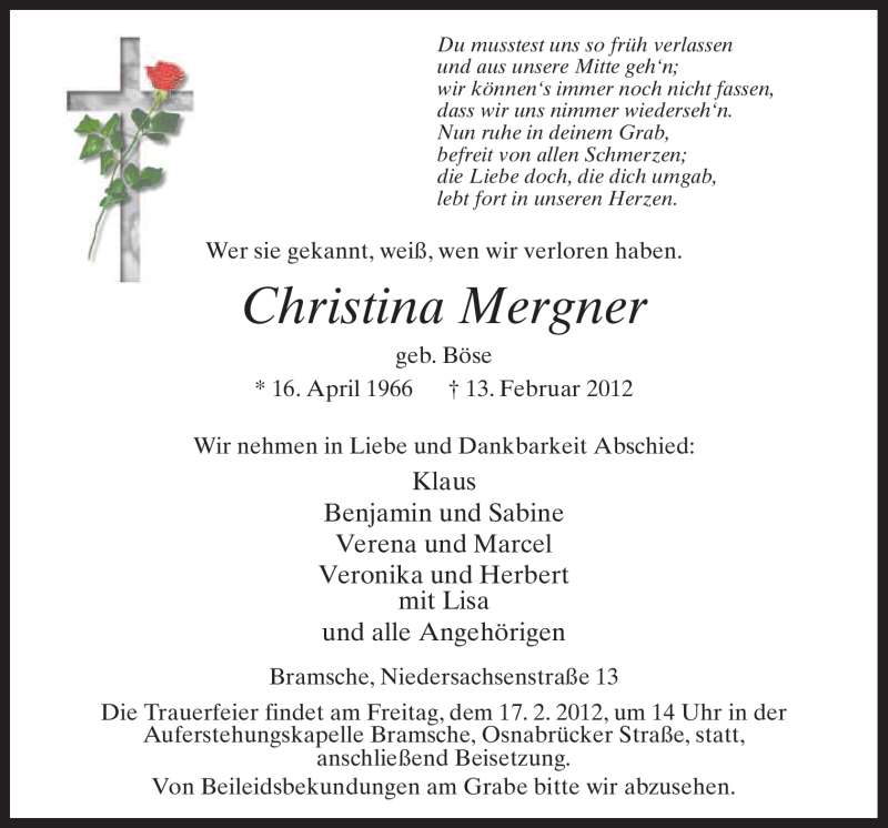  Traueranzeige für Christina Mergner vom 15.02.2012 aus Neue Osnabrücker Zeitung