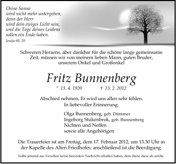 Traueranzeige von Fritz Bunnenberg von Neue Osnabrücker Zeitung