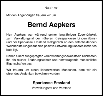 Traueranzeige von Bernd Aepkers von Neue Osnabrücker Zeitung