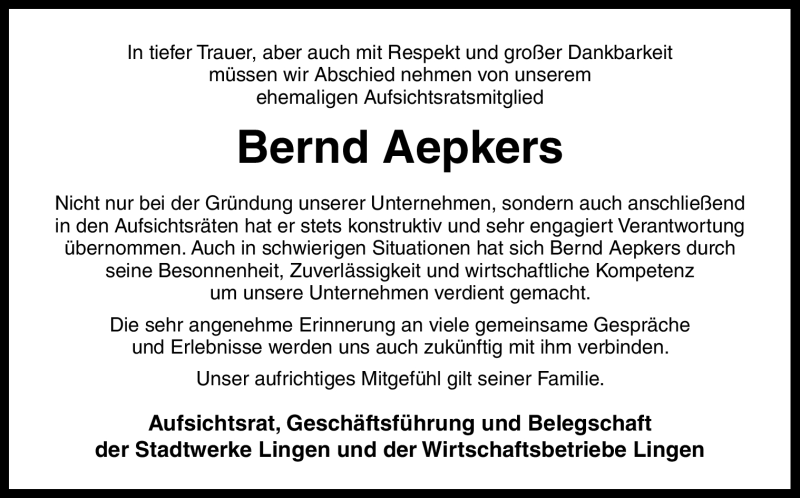  Traueranzeige für Bernd Aepkers vom 15.02.2012 aus Neue Osnabrücker Zeitung