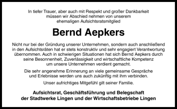 Traueranzeige von Bernd Aepkers von Neue Osnabrücker Zeitung