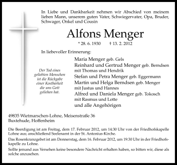 Traueranzeige von Alfons Menger von Neue Osnabrücker Zeitung