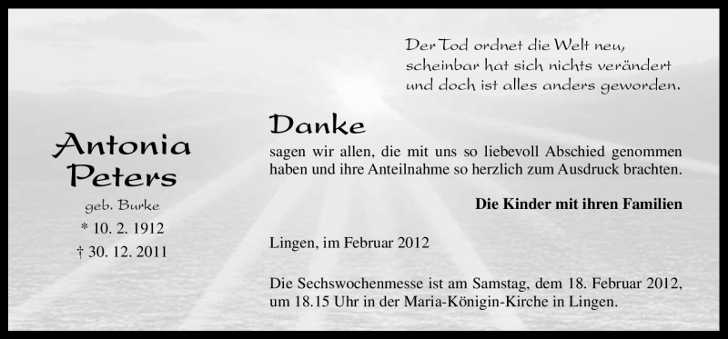  Traueranzeige für Antonia Peters vom 15.02.2012 aus Neue Osnabrücker Zeitung