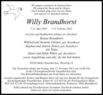 Traueranzeige von Willy Brandhorst von Neue Osnabrücker Zeitung