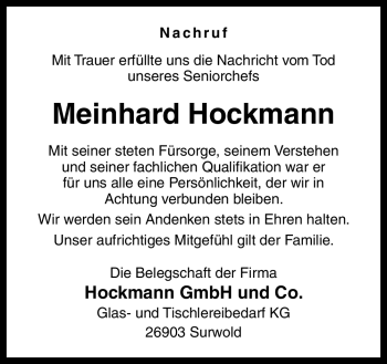 Traueranzeige von Meinhard Hockmann von Neue Osnabrücker Zeitung